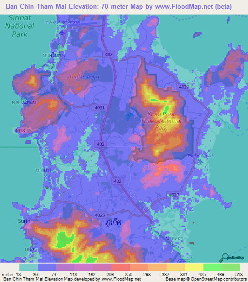 Ban Chin Tham Mai,Thailand Elevation Map