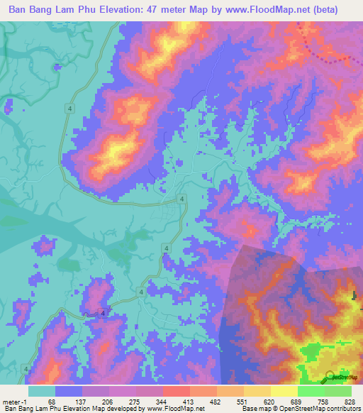 Ban Bang Lam Phu,Thailand Elevation Map