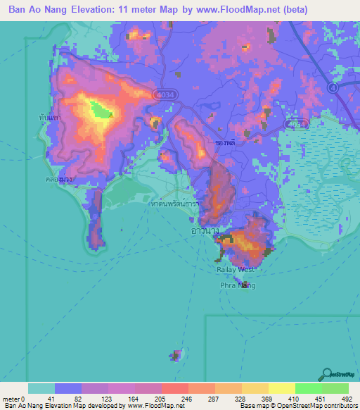 Ban Ao Nang,Thailand Elevation Map