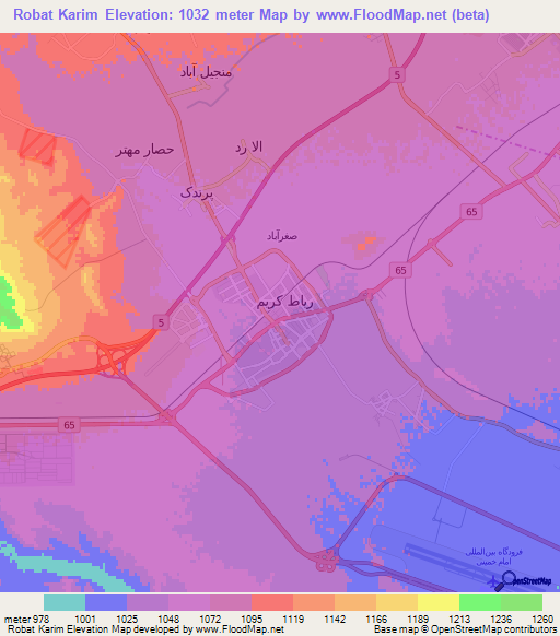 Robat Karim,Iran Elevation Map