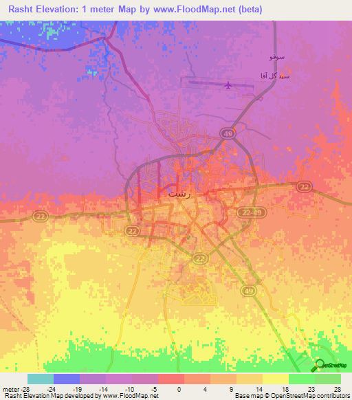 Rasht,Iran Elevation Map