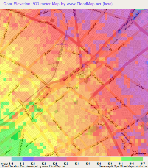 Qom,Iran Elevation Map