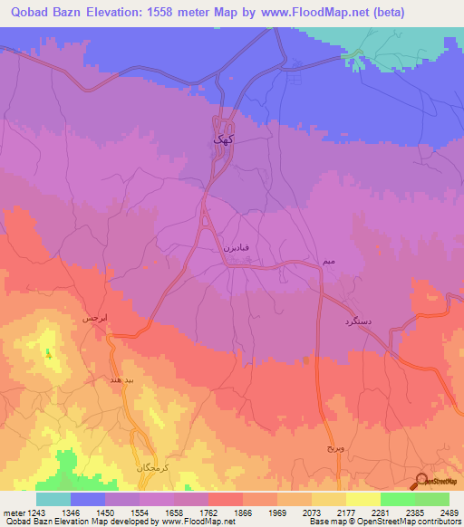 Qobad Bazn,Iran Elevation Map