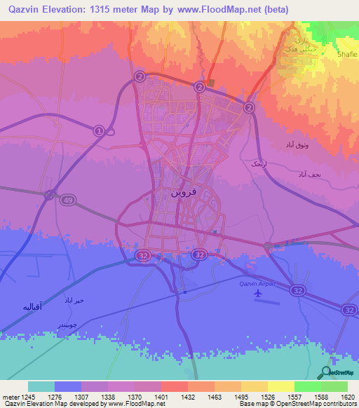 Qazvin,Iran Elevation Map