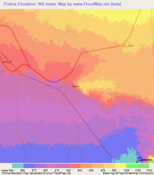 Pishva,Iran Elevation Map