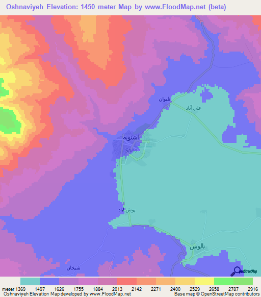Oshnaviyeh,Iran Elevation Map