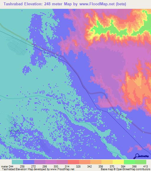 Tashrabad,Turkmenistan Elevation Map