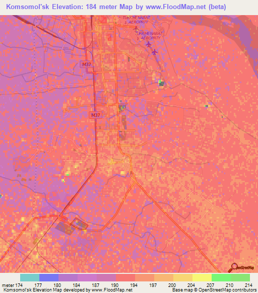 Komsomol'sk,Turkmenistan Elevation Map