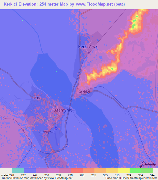 Kerkici,Turkmenistan Elevation Map