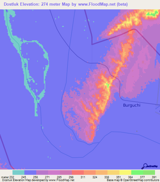 Dostluk,Turkmenistan Elevation Map