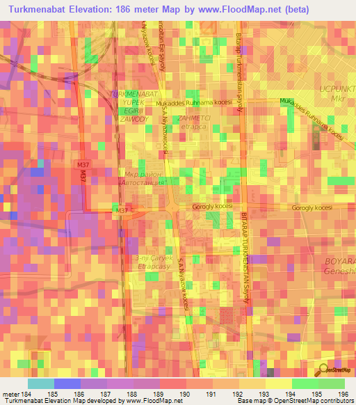 Turkmenabat,Turkmenistan Elevation Map