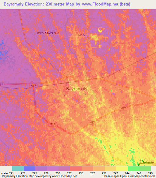 Bayramaly,Turkmenistan Elevation Map