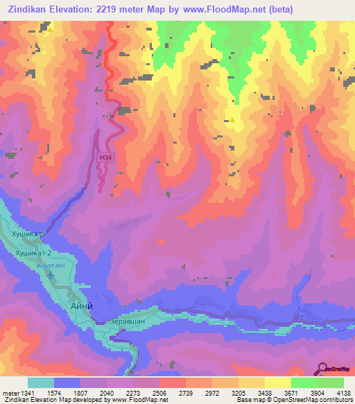 Zindikan,Tajikistan Elevation Map