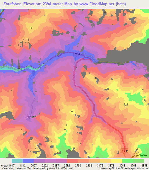 Zarafshon,Tajikistan Elevation Map