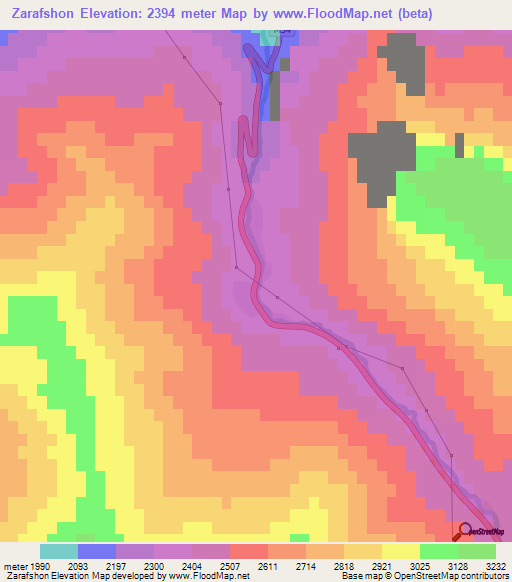 Zarafshon,Tajikistan Elevation Map