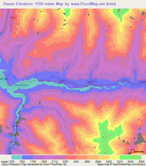 Zasun,Tajikistan Elevation Map