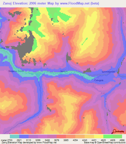 Zanuj,Tajikistan Elevation Map