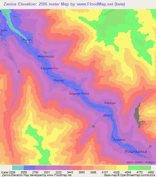 Zanins,Tajikistan Elevation Map