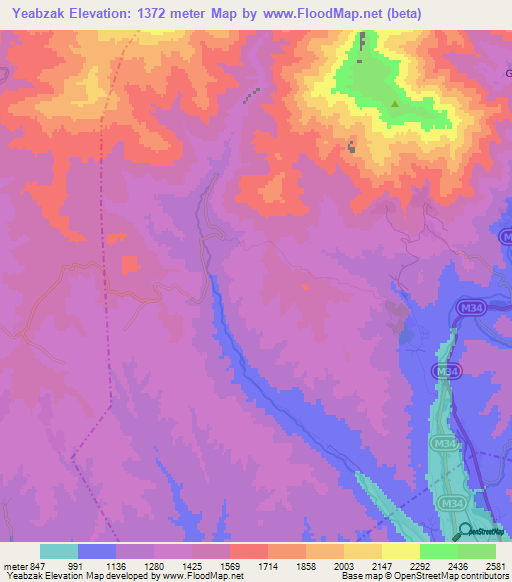 Yeabzak,Tajikistan Elevation Map