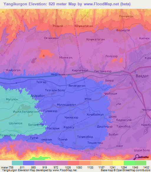 Yangikurgon,Tajikistan Elevation Map
