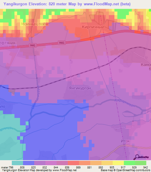Yangikurgon,Tajikistan Elevation Map