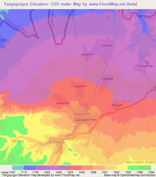 Yangiqurgon,Tajikistan Elevation Map