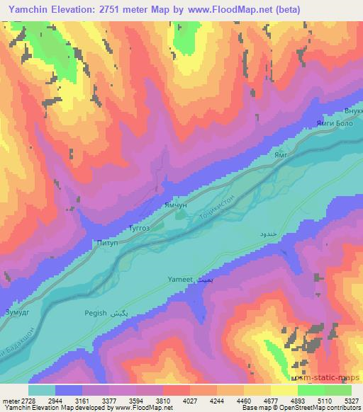 Yamchin,Tajikistan Elevation Map