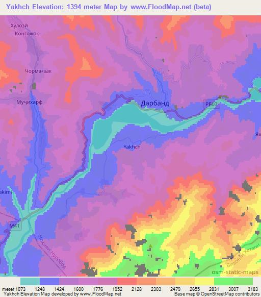 Yakhch,Tajikistan Elevation Map