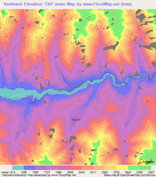 Veshkand,Tajikistan Elevation Map