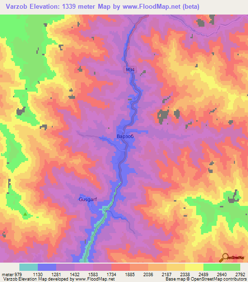 Varzob,Tajikistan Elevation Map