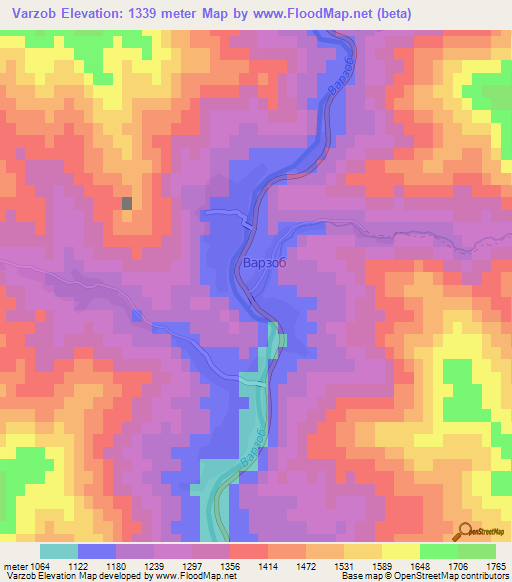 Varzob,Tajikistan Elevation Map