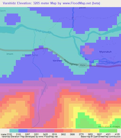 Varshidz,Tajikistan Elevation Map