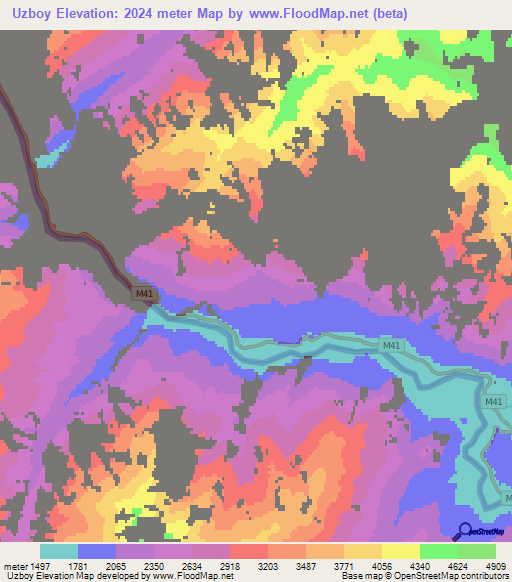Uzboy,Tajikistan Elevation Map