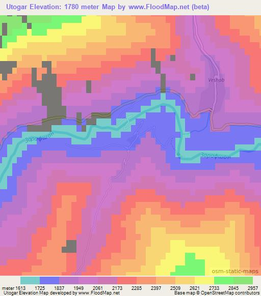 Utogar,Tajikistan Elevation Map