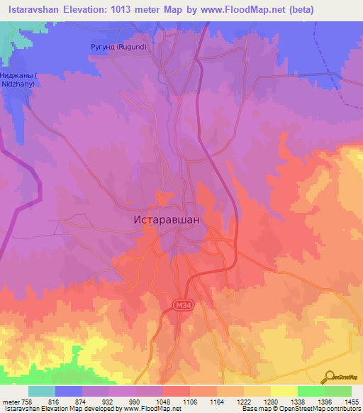Istaravshan,Tajikistan Elevation Map