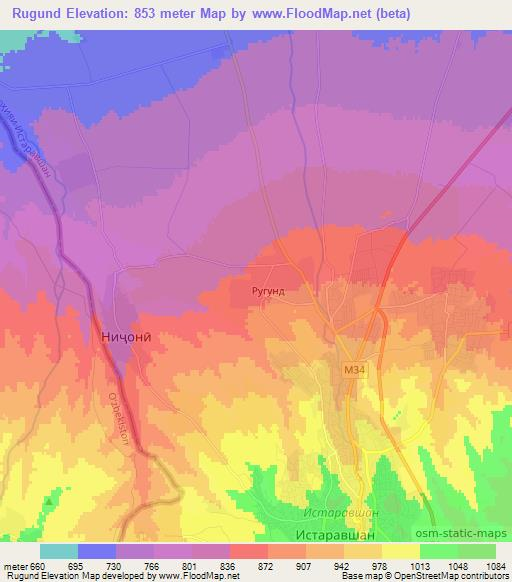 Rugund,Tajikistan Elevation Map