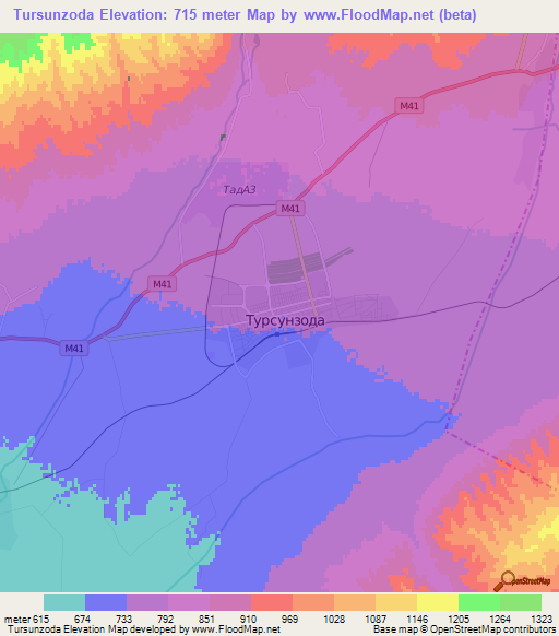 Tursunzoda,Tajikistan Elevation Map