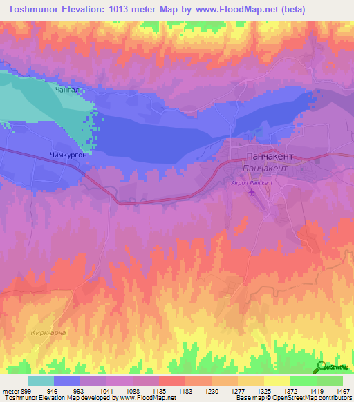 Toshmunor,Tajikistan Elevation Map