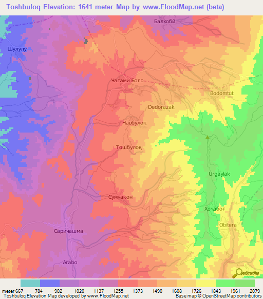 Toshbuloq,Tajikistan Elevation Map