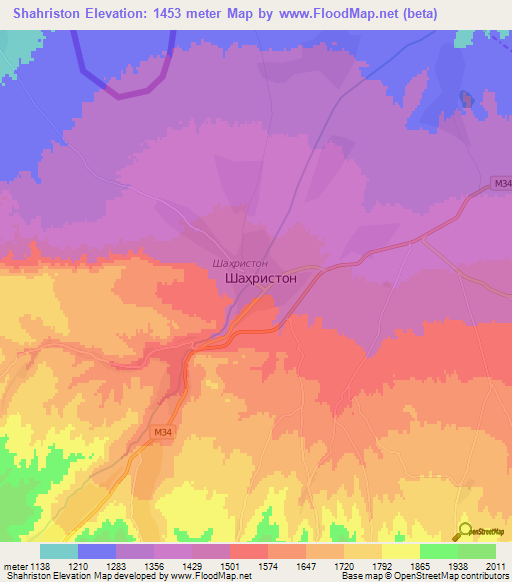 Shahriston,Tajikistan Elevation Map