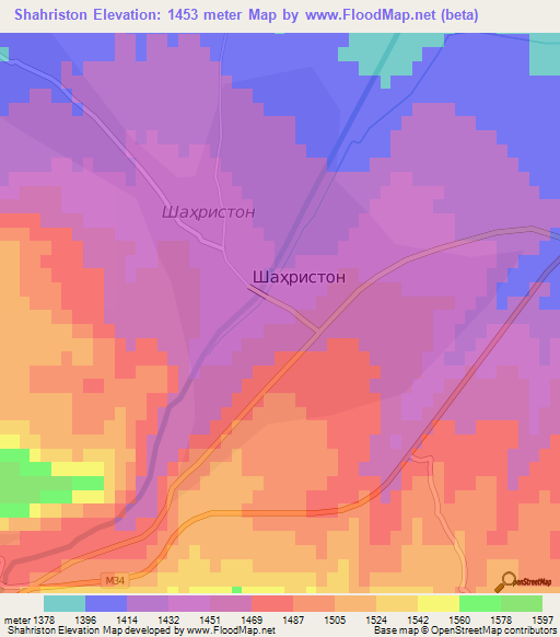 Shahriston,Tajikistan Elevation Map