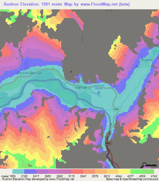 Rushon,Tajikistan Elevation Map