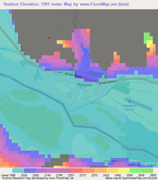 Rushon,Tajikistan Elevation Map