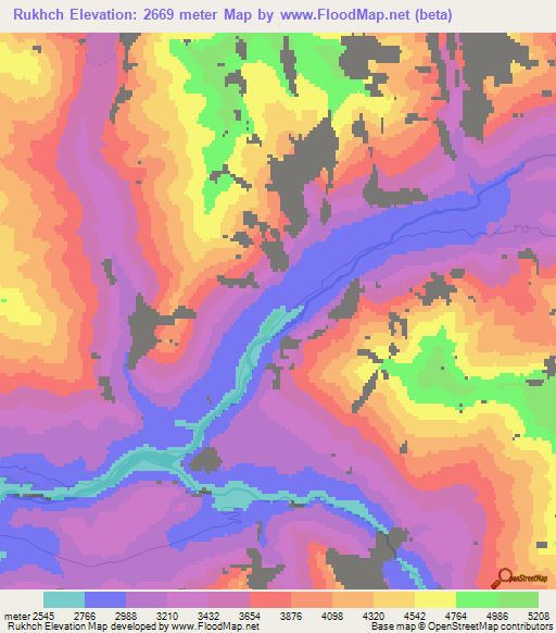 Rukhch,Tajikistan Elevation Map