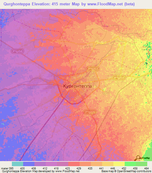 Qurghonteppa,Tajikistan Elevation Map