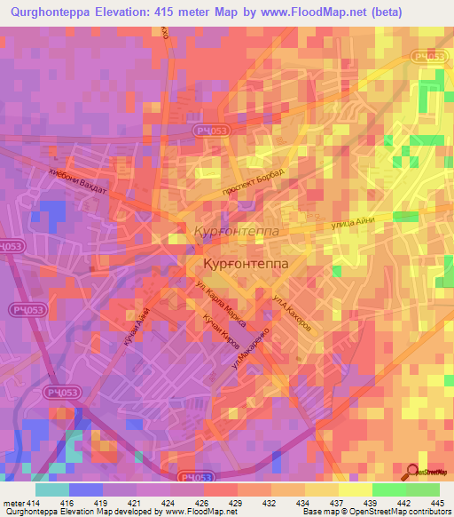 Qurghonteppa,Tajikistan Elevation Map
