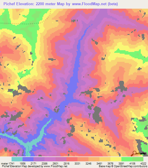 Pichef,Tajikistan Elevation Map