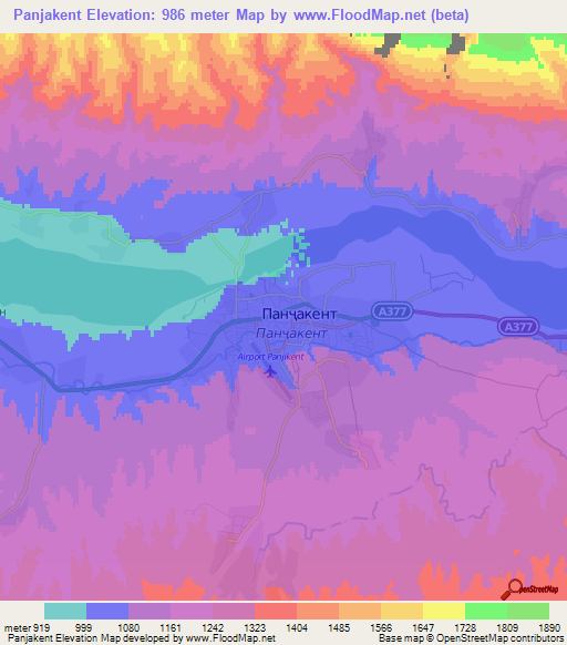 Panjakent,Tajikistan Elevation Map