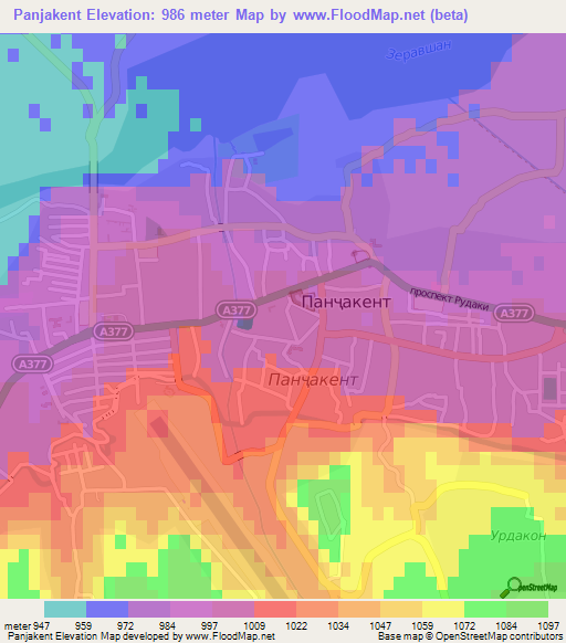 Panjakent,Tajikistan Elevation Map