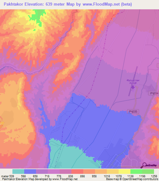 Pakhtakor,Tajikistan Elevation Map